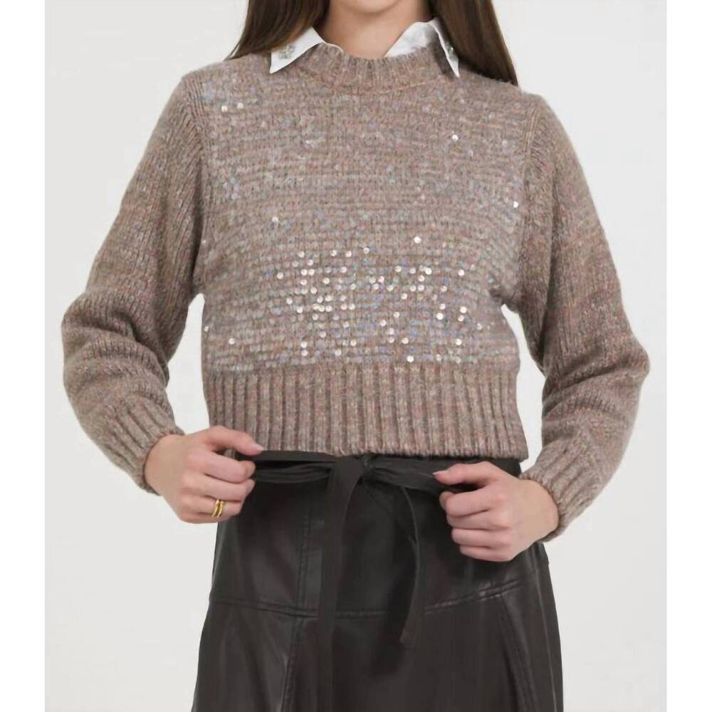 NEW STELLAH sequin pullover sweater top in beaver